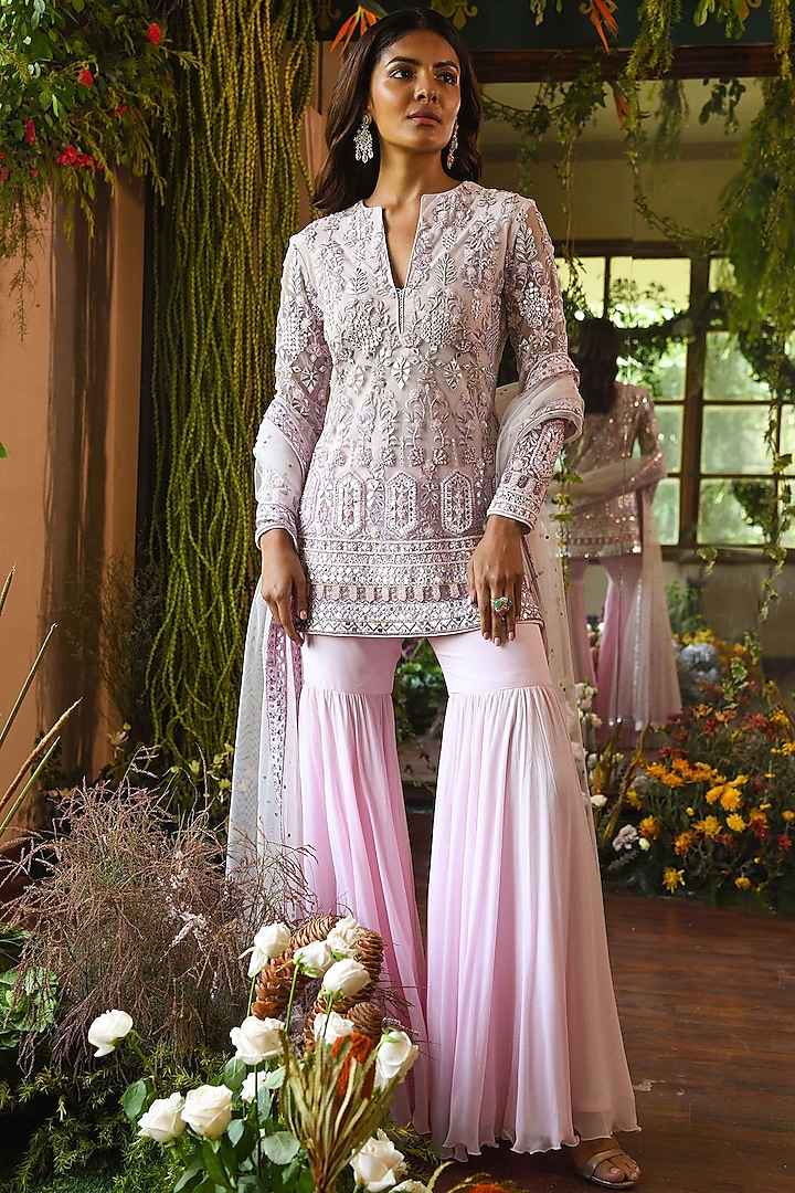 Calla Pink Viscose Georgette Sharara Set by Mynah Designs By Reynu Tandon