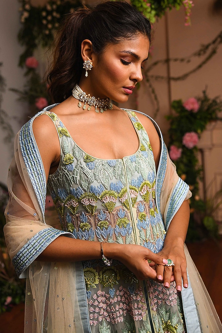 Leilani Green & Nude Anarkali Set by Mynah Designs By Reynu Tandon at Pernia's Pop Up Shop 2025