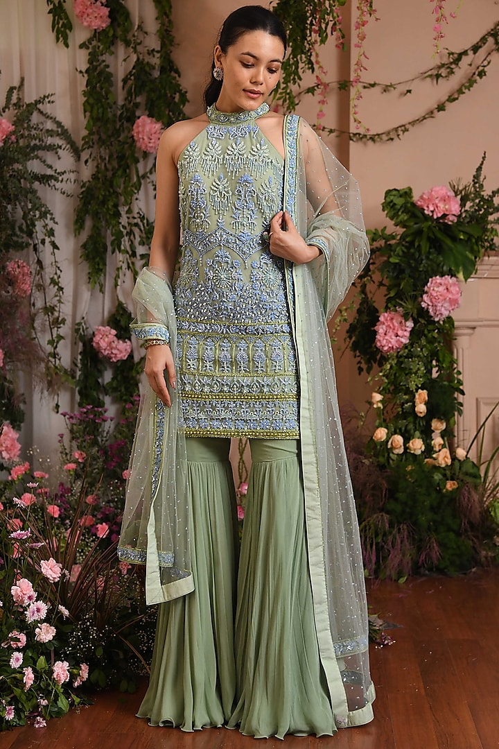 Cecelia Green Butterfly Net Sharara Set by Mynah Designs By Reynu Tandon