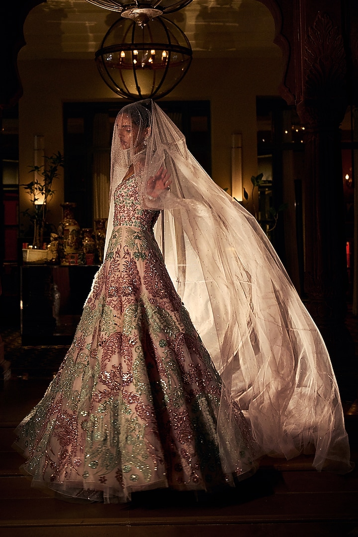 Pink & Green Embellished Bridal Gown by Mynah Designs By Reynu Tandon at Pernia's Pop Up Shop