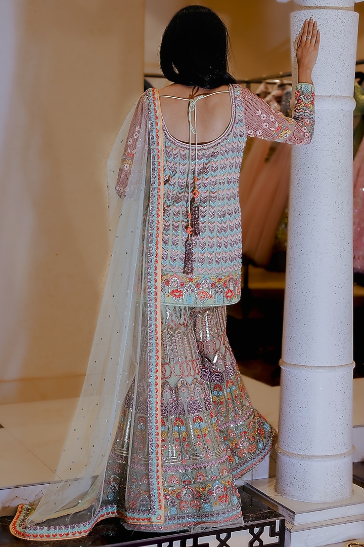 Green Embroidered Bridal Sharara Set by Mynah Designs By Reynu Tandon at Pernia's Pop Up Shop