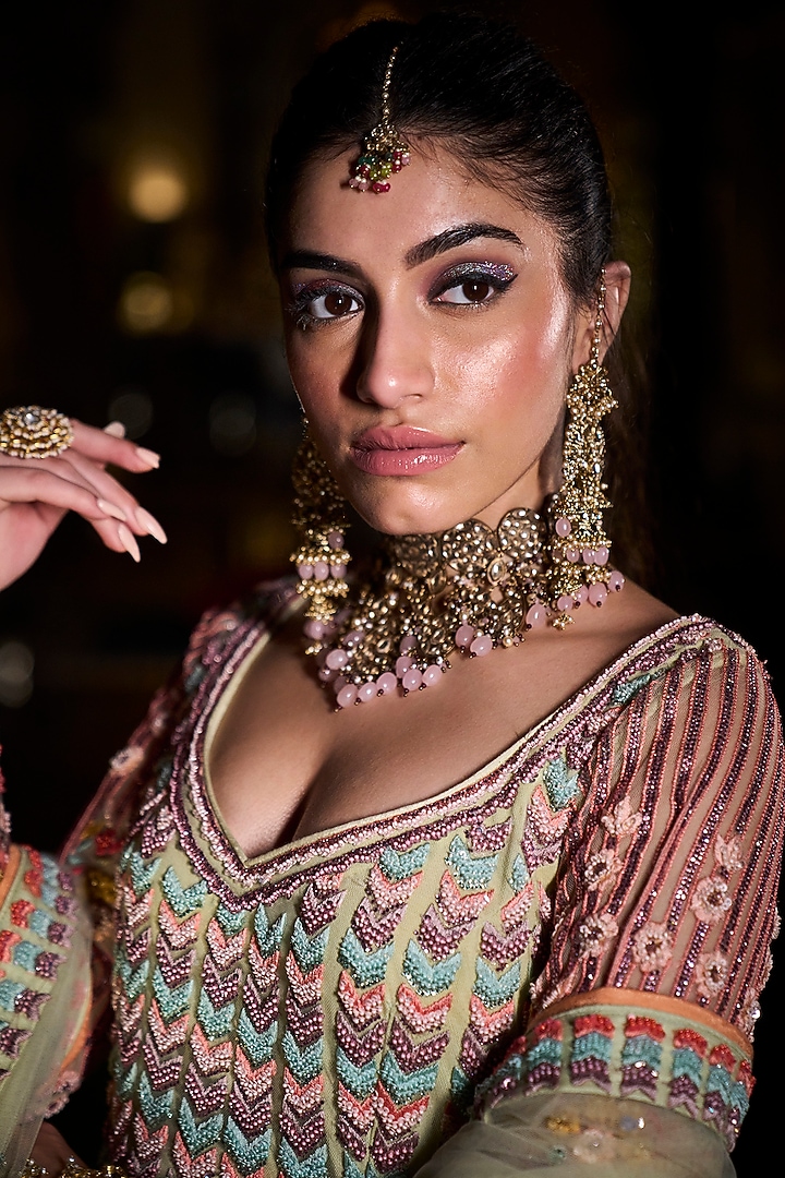 Green Embroidered Bridal Sharara Set by Mynah Designs By Reynu Tandon at Pernia's Pop Up Shop