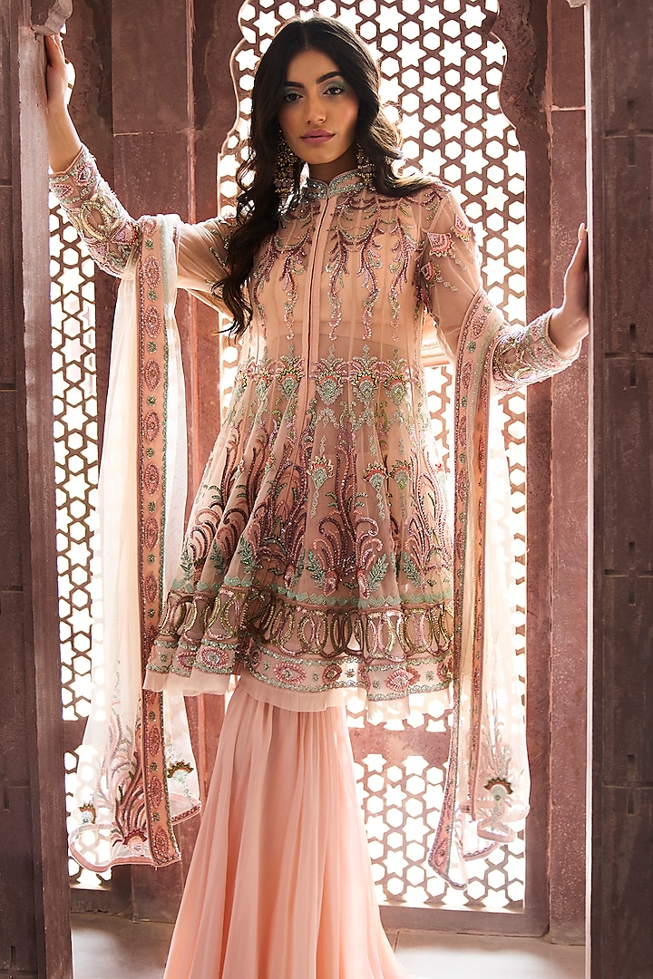 Peach Net Sharara Set by Mynah Designs By Reynu Tandon at Pernia's Pop Up Shop