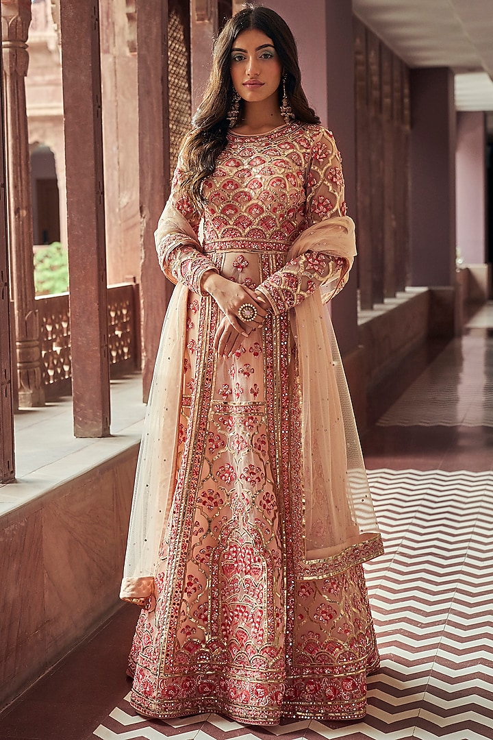 Peach Embellished Anarkali Set by Mynah Designs By Reynu Tandon at Pernia's Pop Up Shop