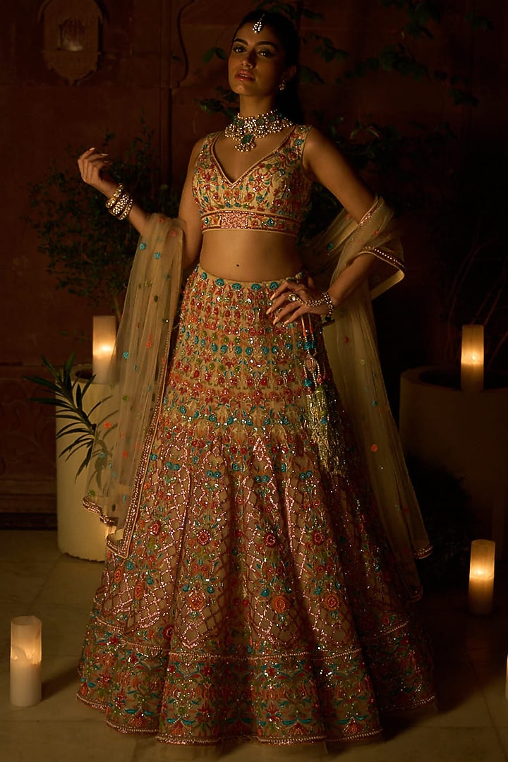 Multi-Colored Embellished Bridal Lehenga Set by Mynah Designs By Reynu Tandon at Pernia's Pop Up Shop