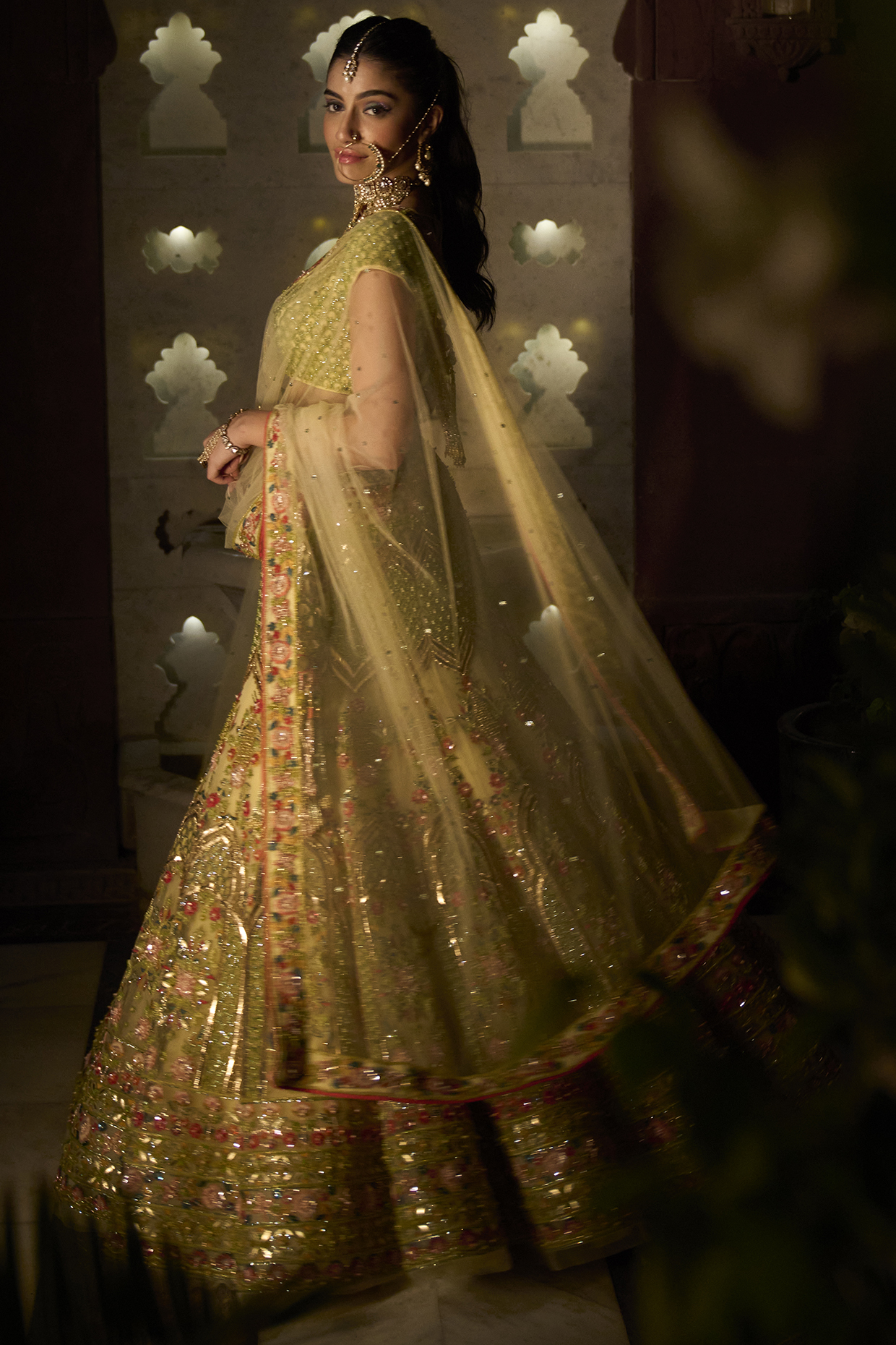Green Net Embellished Bridal Lehenga Set by Mynah Designs By Reynu Tandon at Pernia's Pop Up Shop