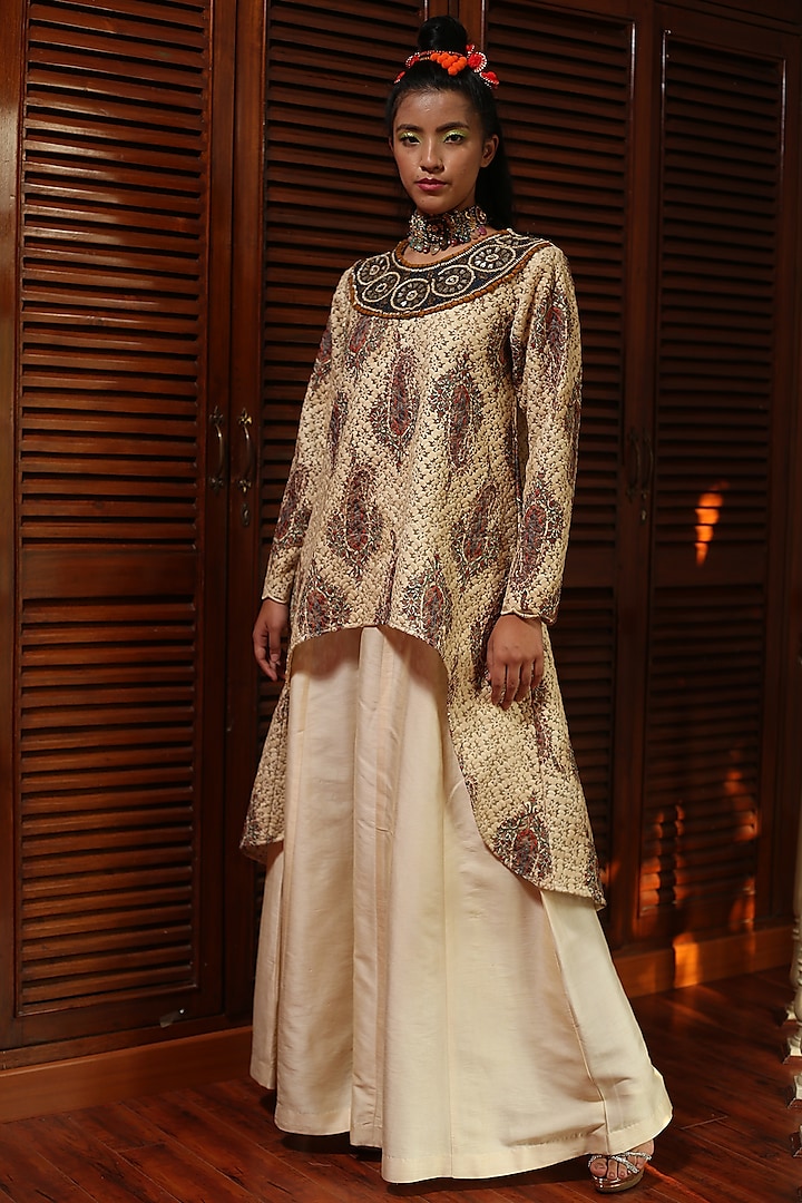 Cream Raw Silk Sharara Set by Mynah Designs By Reynu Tandon at Pernia's Pop Up Shop