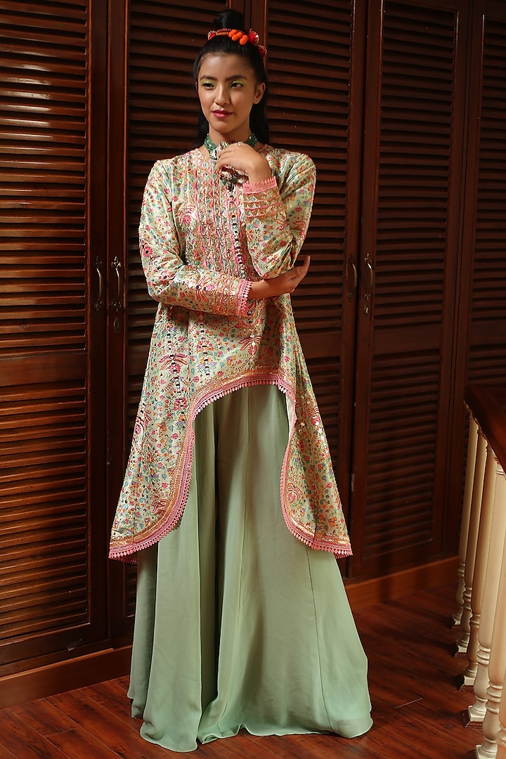 Pista Green Georgette Sharara Set by Mynah Designs By Reynu Tandon