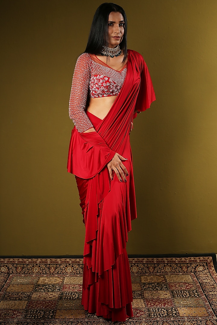 Red Lycra Draped Saree Set by Mynah Designs By Reynu Tandon
