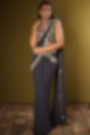 Dark Grey Georgette Draped Saree Set by Mynah Designs By Reynu Tandon