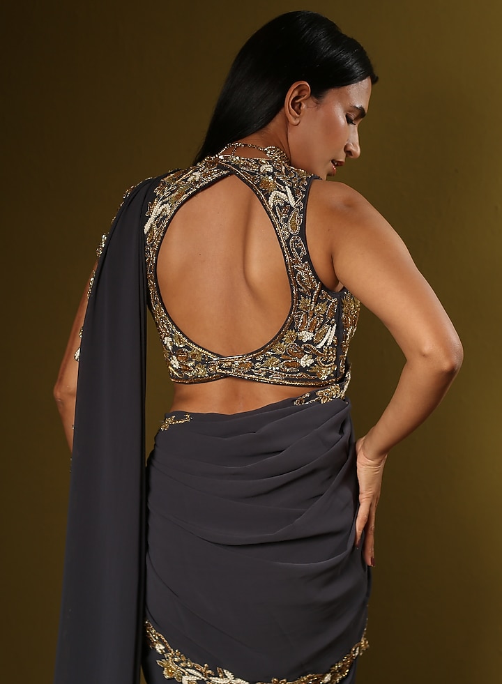 Dark Grey Georgette Draped Reception Saree Set by Mynah Designs By Reynu Tandon at Pernia's Pop Up Shop