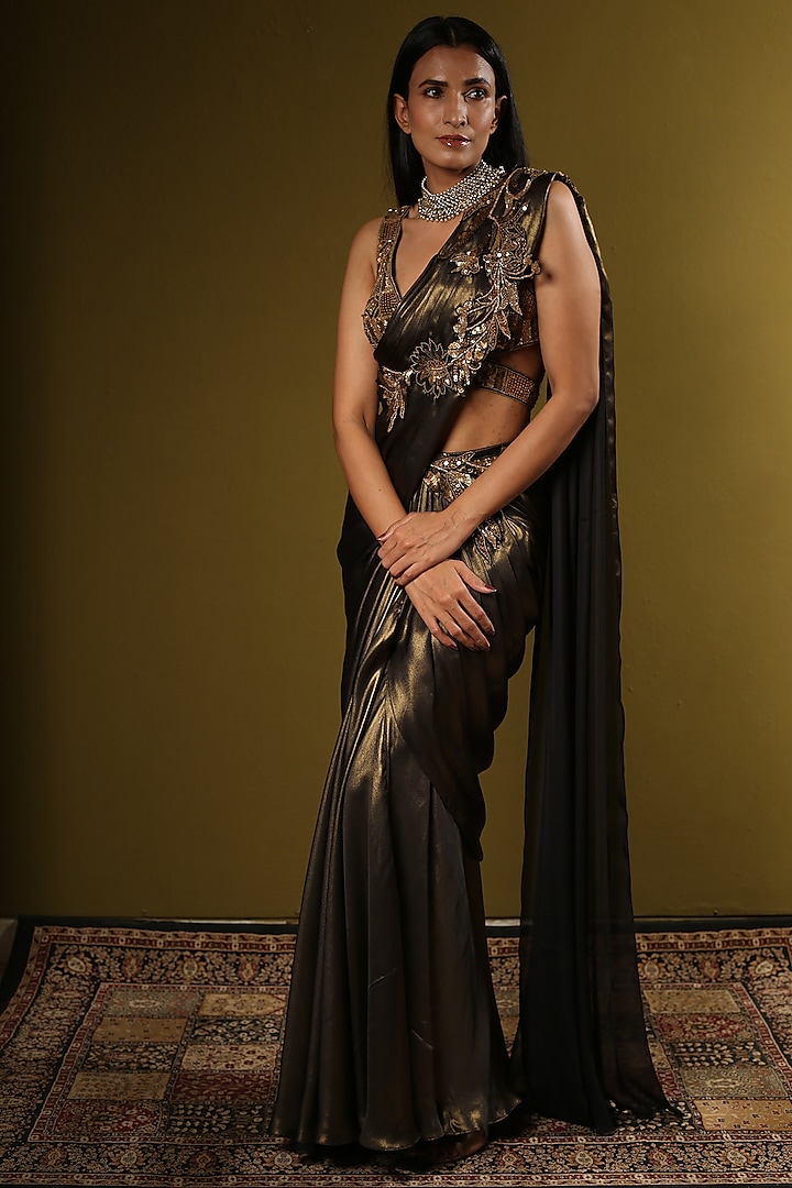 Copper Georgette Draped Saree Set by Mynah Designs By Reynu Tandon
