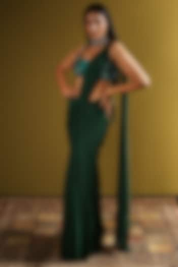 Dark Green Lycra Draped Saree Set by Mynah Designs By Reynu Tandon at Pernia's Pop Up Shop