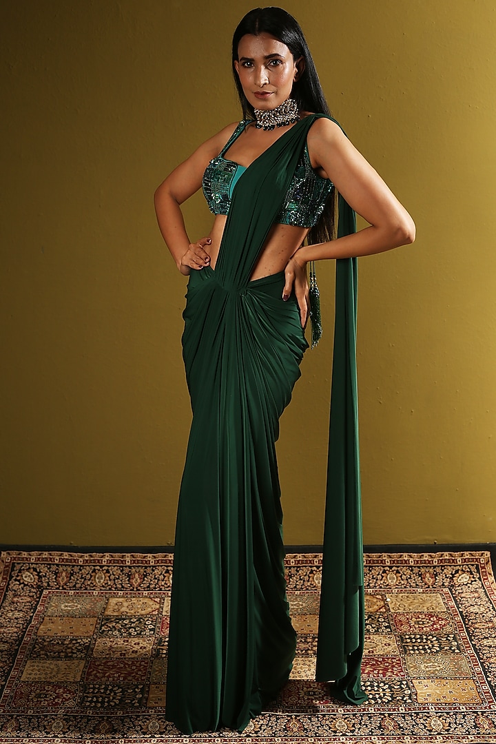 Dark Green Lycra Draped Saree Set by Mynah Designs By Reynu Tandon