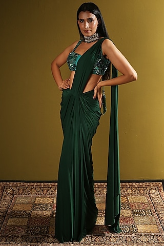 Dark Green Lycra Draped Saree Set by Mynah Designs By Reynu Tandon