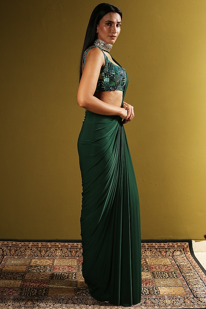Dark Green Lycra Draped Wedding Saree Set by Mynah Designs By Reynu Tandon at Pernia's Pop Up Shop