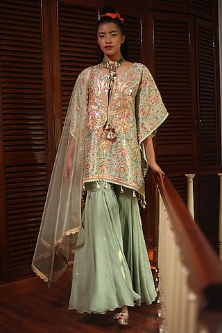 Pista Green Georgette Gharara Set by Mynah Designs By Reynu Tandon