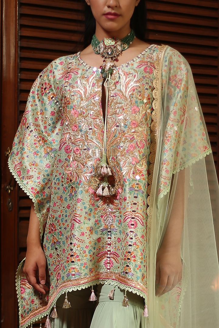 Pista Green Georgette Gharara Set by Mynah Designs By Reynu Tandon at Pernia's Pop Up Shop