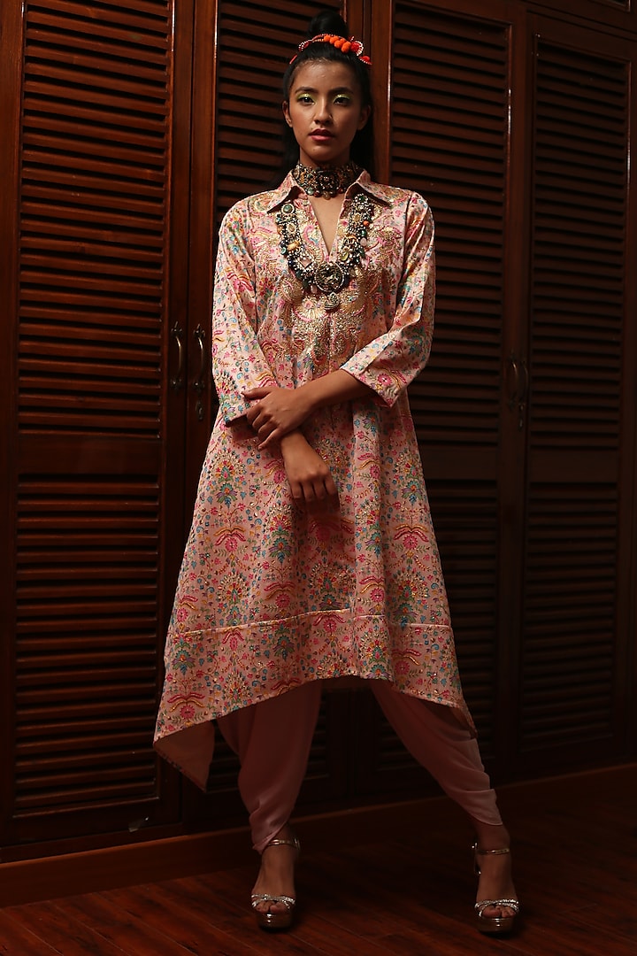 Pink Chanderi Dhoti Set by Mynah Designs By Reynu Tandon