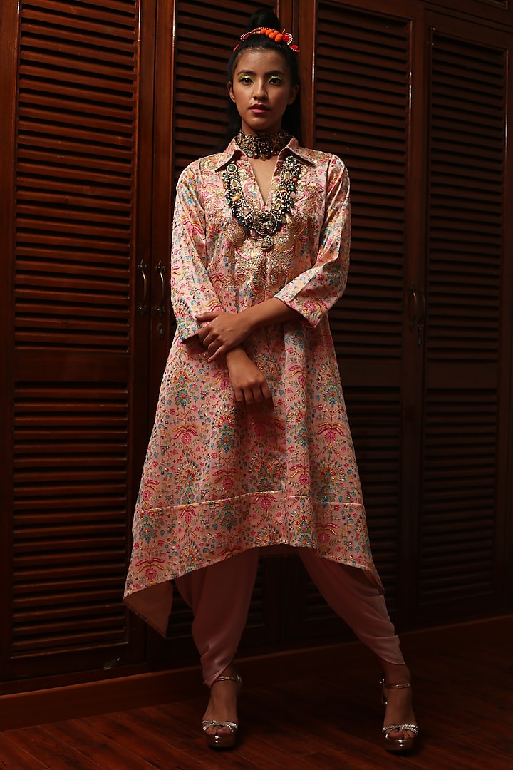 Pink Chanderi Dhoti Set by Mynah Designs By Reynu Tandon at Pernia's Pop Up Shop