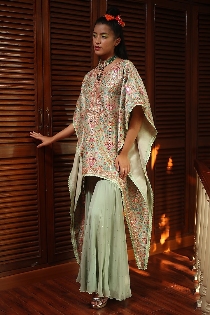 Pista Green Chanderi Gharara Set by Mynah Designs By Reynu Tandon