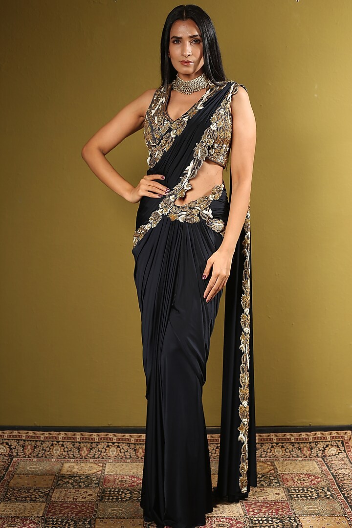 Grey Embroidered Draped Saree Set by Mynah Designs By Reynu Tandon