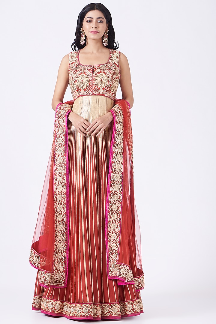 Red Embroidered Anarkali Set by Mynah Designs By Reynu Tandon