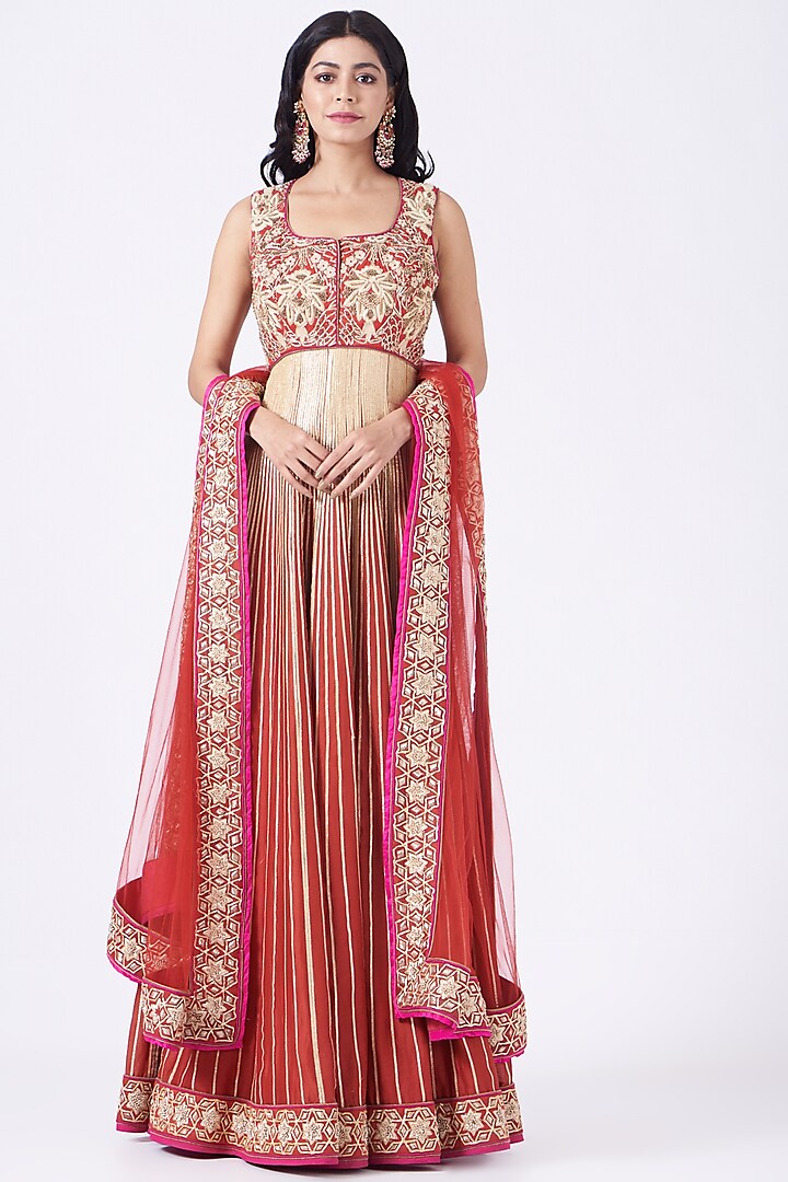 Red Embroidered Anarkali Set by Mynah Designs By Reynu Tandon