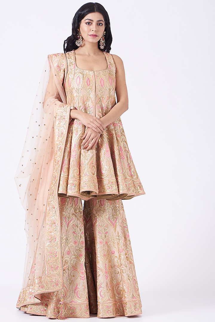 Beige Embroidered Sharara Set by Mynah Designs By Reynu Tandon