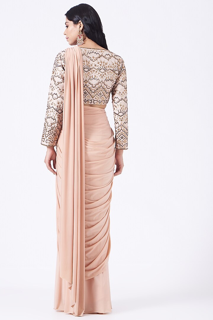 Peach Lycra Rayon Pre-Stitched Wedding Saree Set by Mynah Designs By Reynu Tandon at Pernia's Pop Up Shop