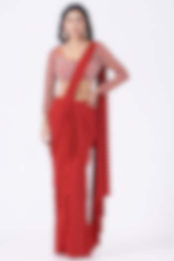 Red Lycra Rayon Draped Saree Set by Mynah Designs By Reynu Tandon