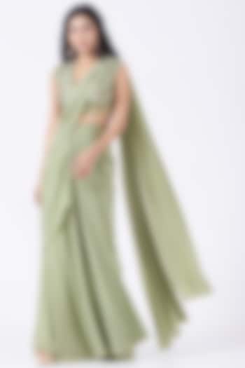 Light Olive Lycra Rayon Pre-Stitched Saree Set by Mynah Designs By Reynu Tandon