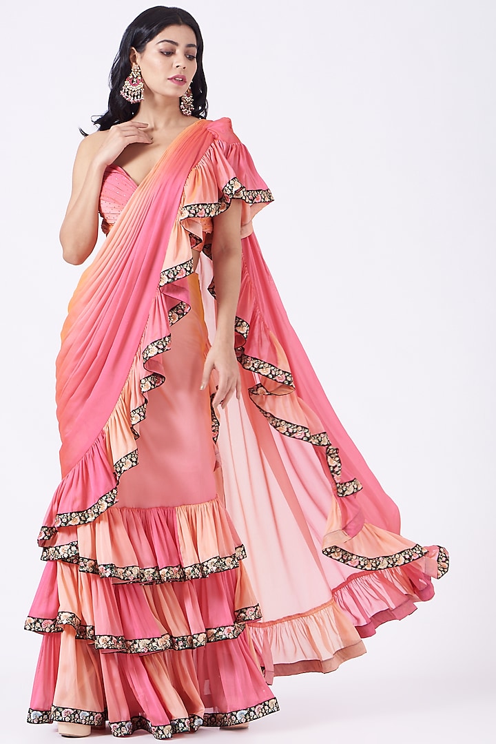 Fuchsia & Peach Ruffled Draped Saree Set by Mynah Designs By Reynu Tandon