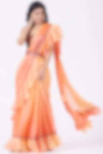 Orange & Peach Embroidered Draped Saree Set by Mynah Designs By Reynu Tandon