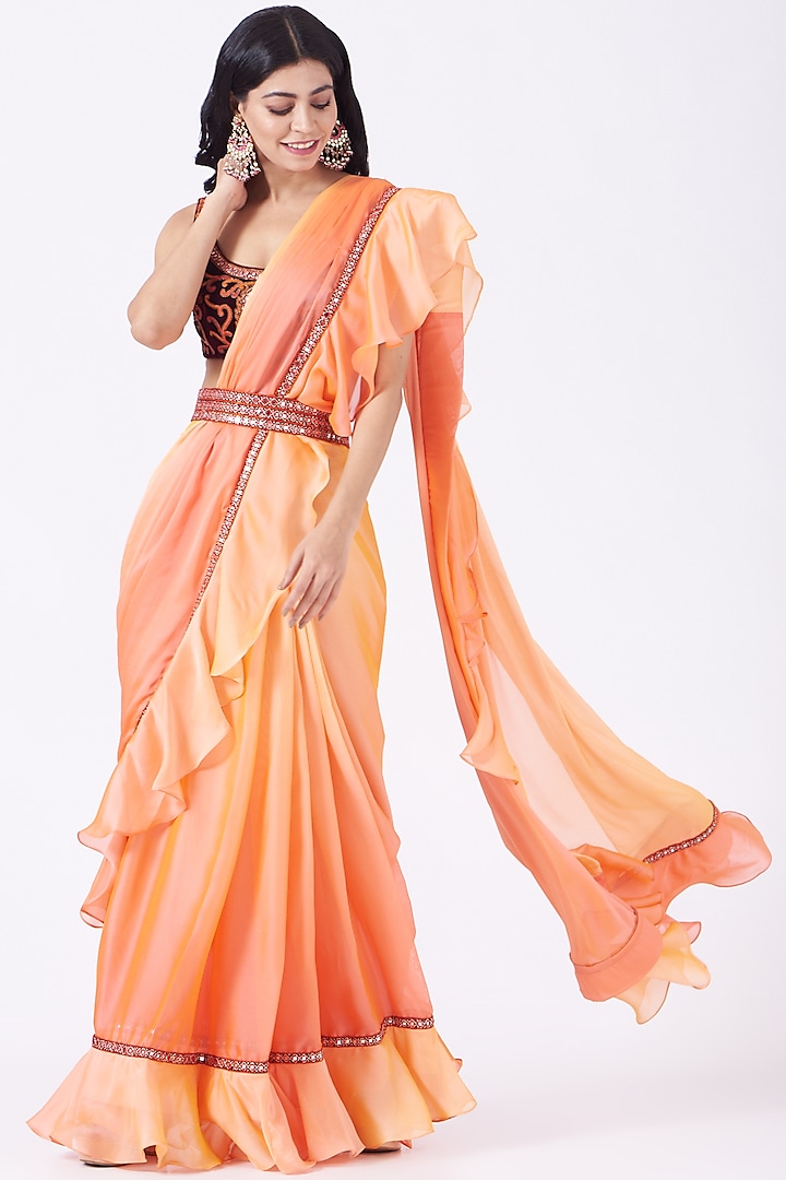 Orange & Peach Embroidered Draped Saree Set by Mynah Designs By Reynu Tandon