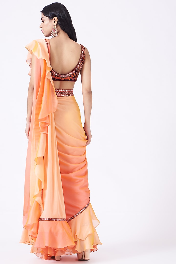 Orange & Peach Embroidered Draped Wedding Saree Set by Mynah Designs By Reynu Tandon at Pernia's Pop Up Shop
