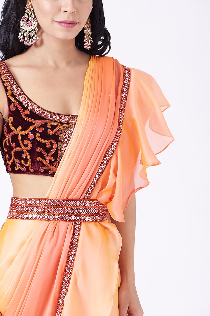 Orange & Peach Embroidered Draped Wedding Saree Set by Mynah Designs By Reynu Tandon at Pernia's Pop Up Shop