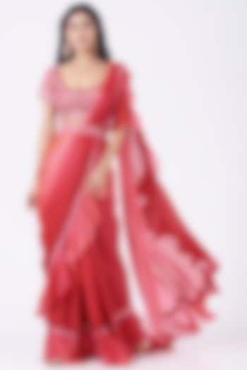 Red & Pink Embroidered Draped Saree Set by Mynah Designs By Reynu Tandon