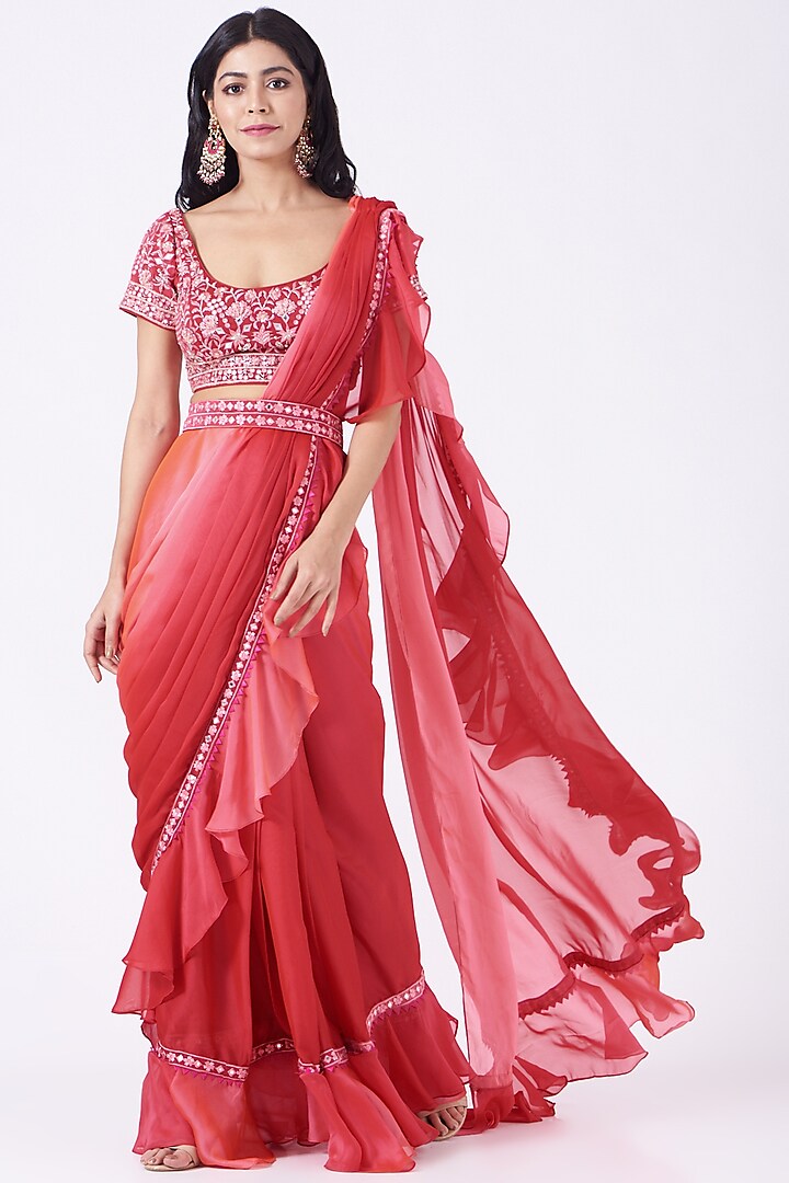 Red & Pink Embroidered Draped Saree Set by Mynah Designs By Reynu Tandon