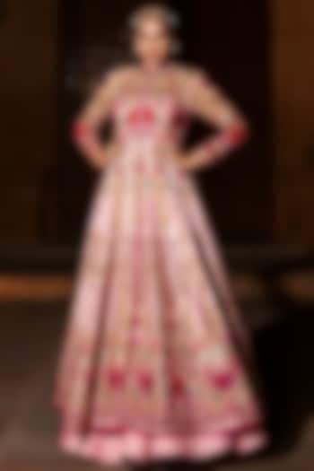 Gulabi Pink Chanderi Silk Swarovski Hand Embellished Jacket Lehenga Set by Mynah Designs By Reynu Tandon