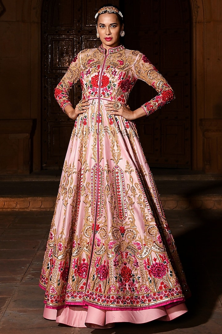 Gulabi Pink Chanderi Silk Swarovski Hand Embellished Jacket Lehenga Set by Mynah Designs By Reynu Tandon