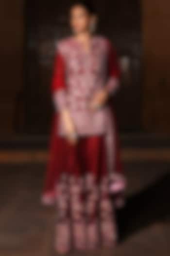 Maroon Embroidered Bridal Sharara Set by Mynah Designs By Reynu Tandon at Pernia's Pop Up Shop