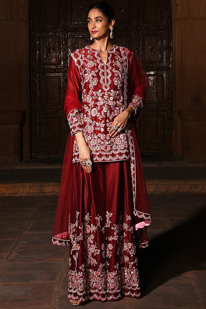 Maroon Embroidered Bridal Sharara Set by Mynah Designs By Reynu Tandon at Pernia's Pop Up Shop
