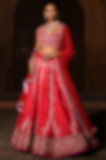 Fuchsia Red Embroidered Lehenga Set by Mynah Designs By Reynu Tandon