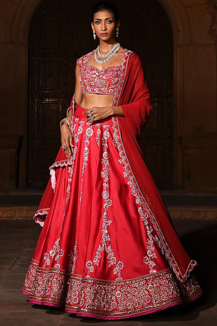 Fuchsia Red Embroidered Lehenga Set by Mynah Designs By Reynu Tandon