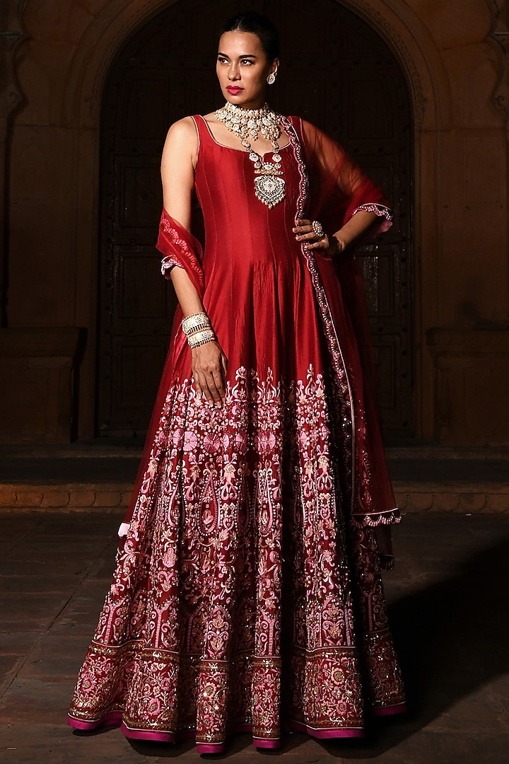Maroon Embroidered Anarkali Set by Mynah Designs By Reynu Tandon