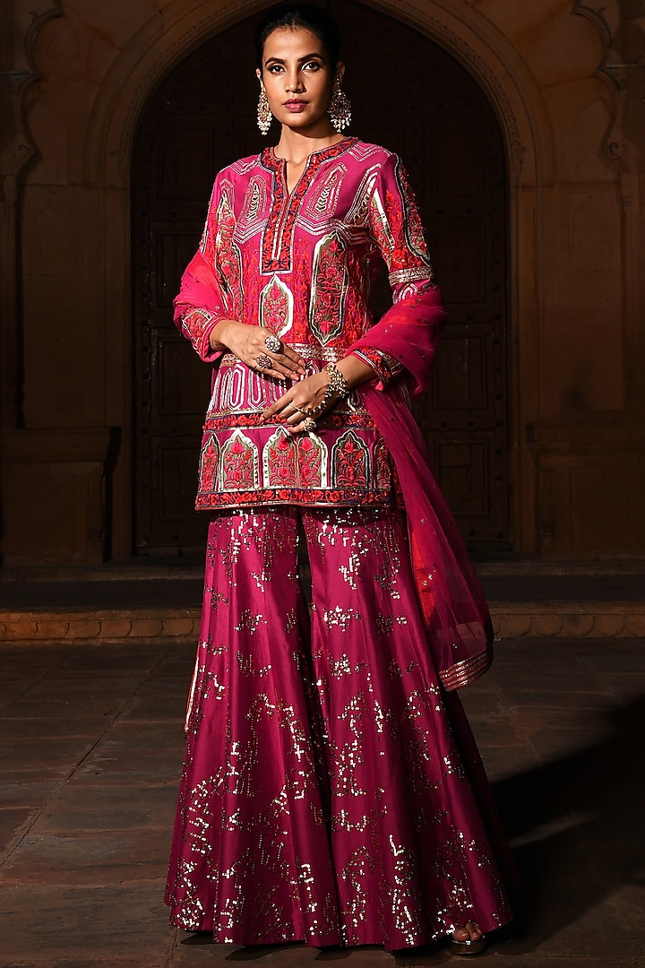 Fuchsia Hand Embroidered Bridal Sharara Set by Mynah Designs By Reynu Tandon at Pernia's Pop Up Shop