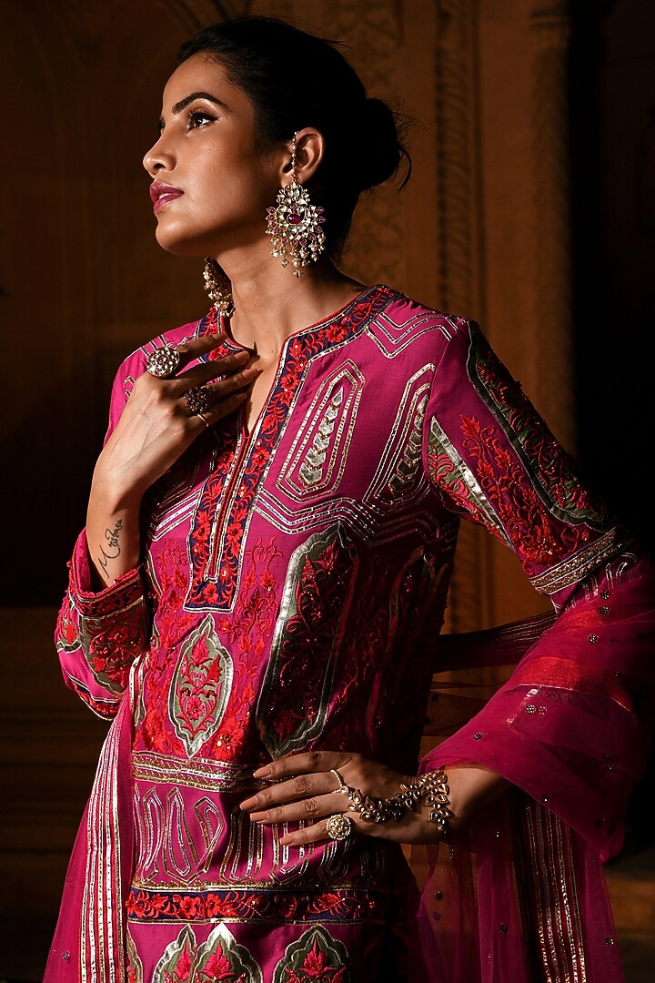 Fuchsia Hand Embroidered Patchwork Sharara Set