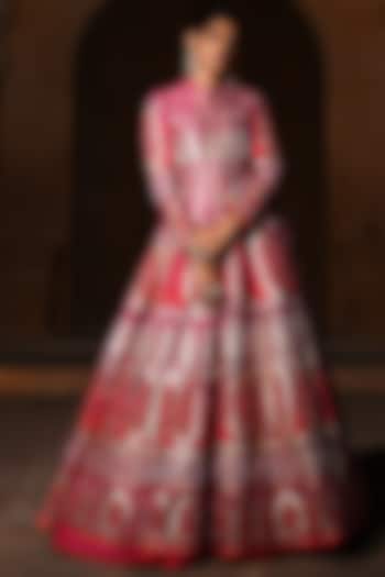 Red & Fuchsia Chanderi Silk Swarovski Hand Embellished Jacket Lehenga Set by Mynah Designs By Reynu Tandon
