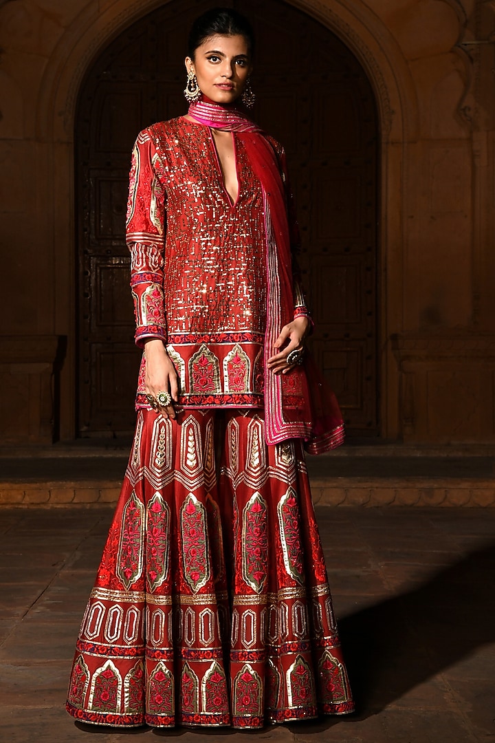 Red Hand Embroidered Sharara Set by Mynah Designs By Reynu Tandon